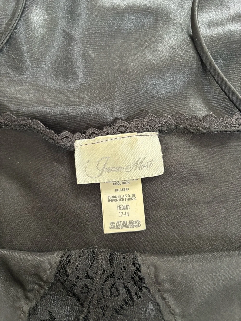 Vintage Sears Inner Most Black Satin Slip Chemise with Lace Trim - Picture 5 of 6